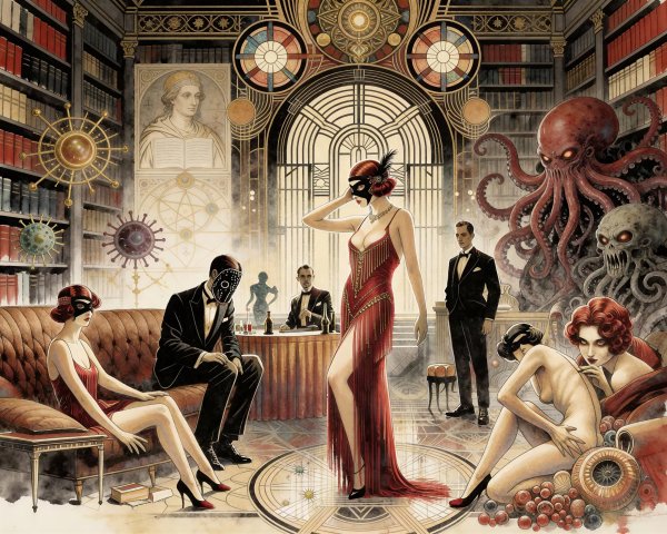 Surreal Art Deco Library with 1920s Figures and Creatures