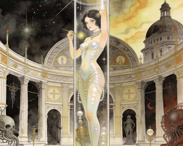 Surreal Painting of Woman in Test Tube with Temple Setting