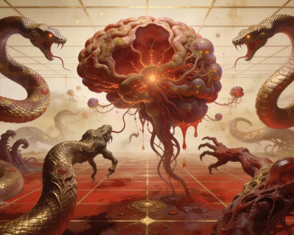 Surreal Digital Painting of a Pulsing Brain and Snakes