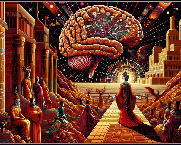 Surreal Digital Painting of Glowing Brain in Cosmic Sky