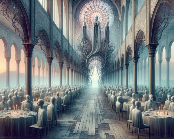 Ethereal Banquet Hall with Stained Glass and Figures