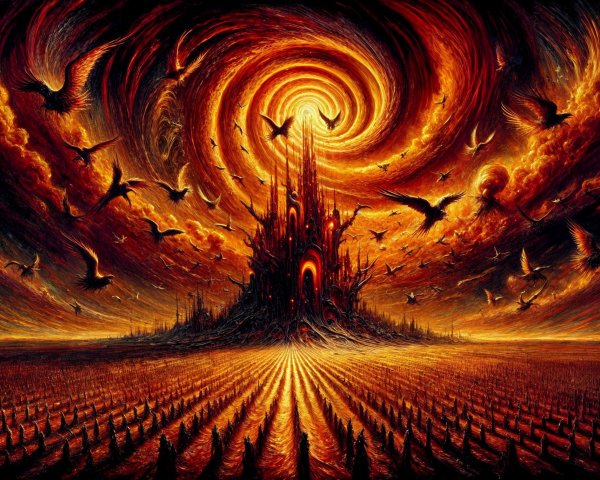 Ominous castle under dark swirling sky with fiery hues