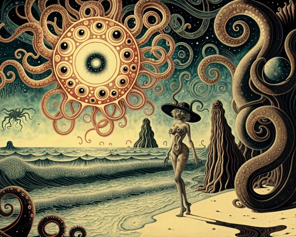 Psychedelic Cosmic Horror Landscape with Night Beach Scene