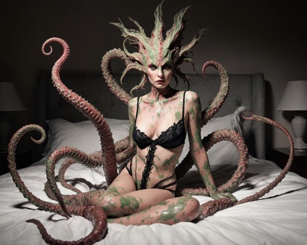 Surreal Figure with Tentacles in Dimly Lit Room