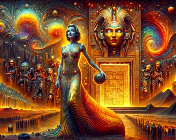 Majestic figure before ornate doorway in mystical scene