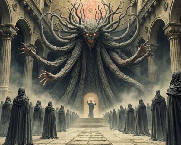 Monstrous Entity in Ancient Hall Surrounded by Worshippers