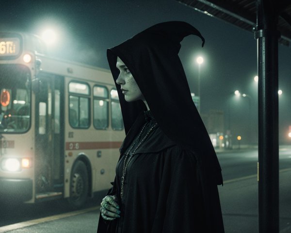 Mysterious Figure at Night Bus Stop with Vintage Bus