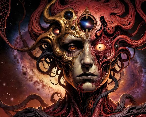 Cosmic Demigod with Divided Face and Unique Hair Design