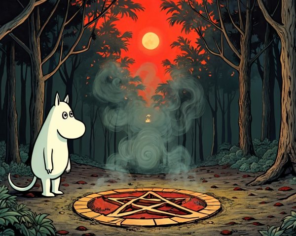 Whimsical Creature by Glowing Pentagram at Twilight