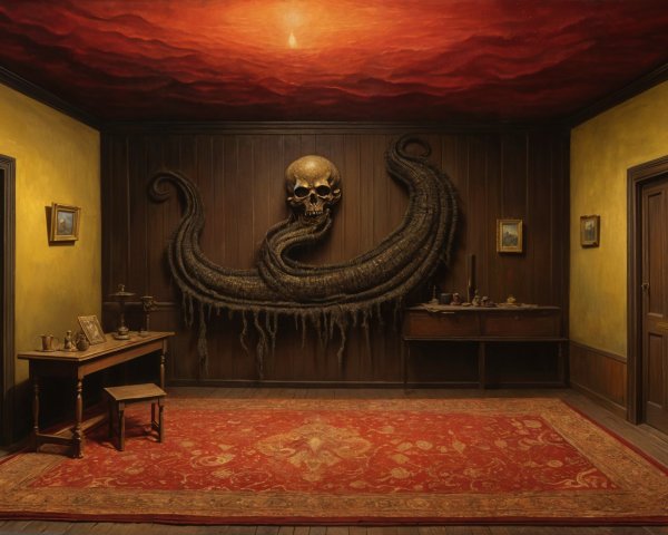 Surreal Room with Eerie Octopus Figure and Vintage Art