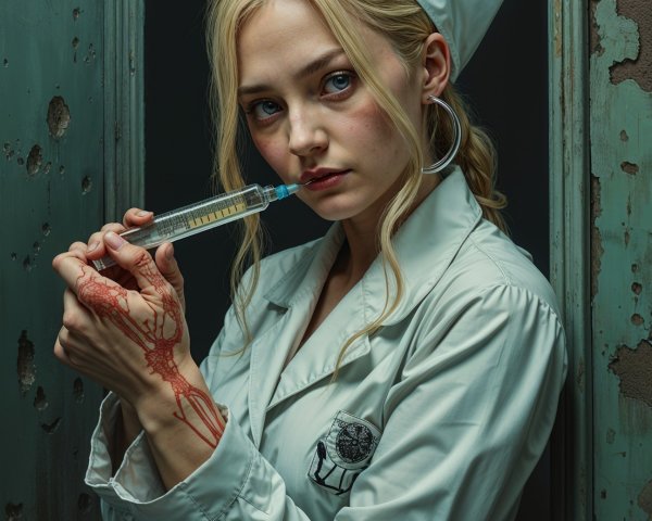 Young woman in vintage nurse uniform with syringe