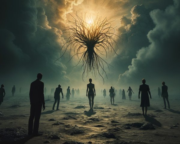 Surreal Landscape with Shadowy Figures and Golden Entity