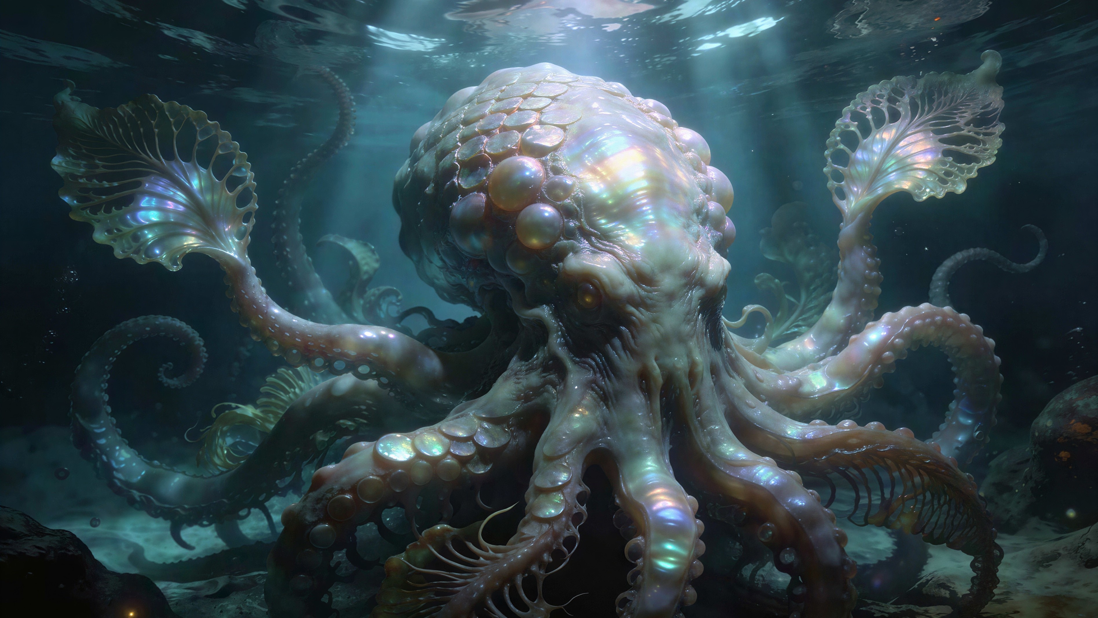 Iridescent Kraken Creature in Deep Blue Underwater Scene