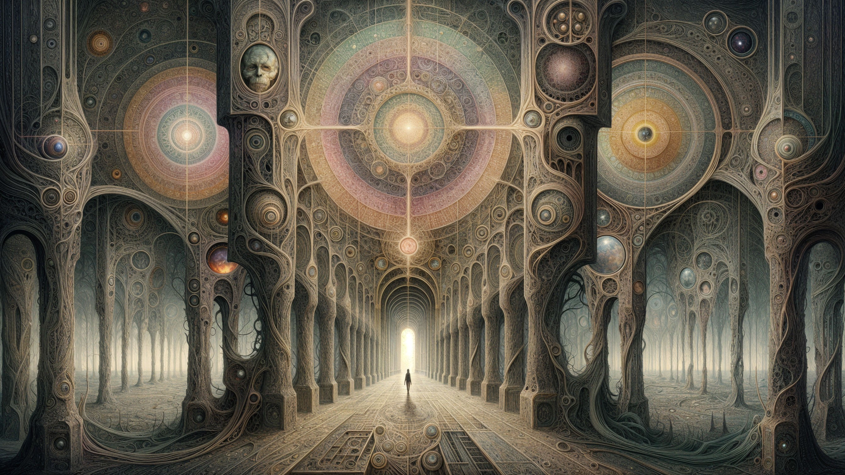 Surreal Architectural Space with Cosmic Motifs and Colors