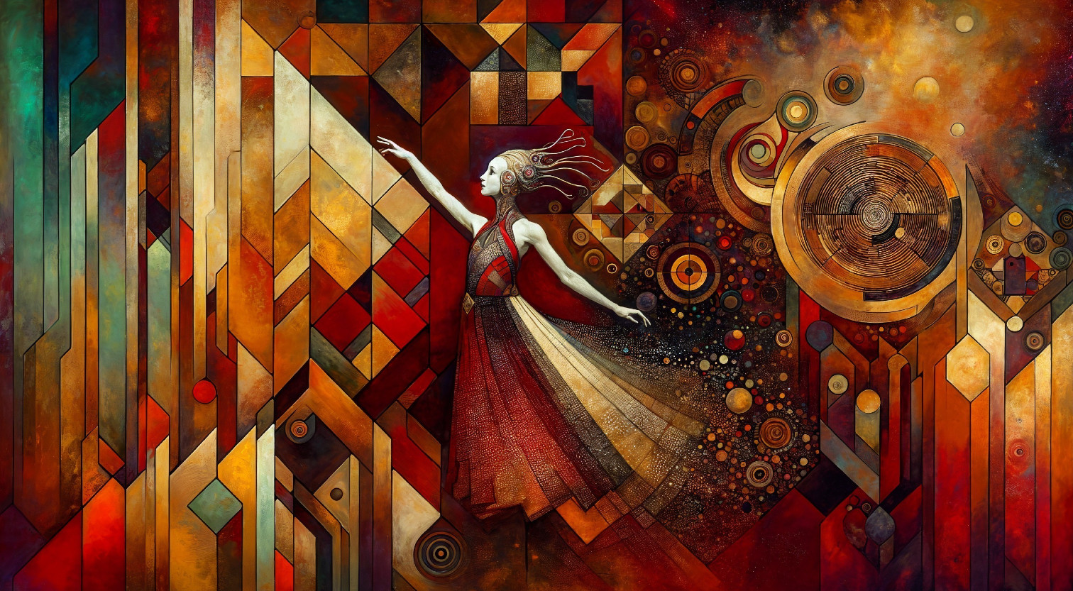 Surreal Figure in Flowing Dress with Abstract Shapes