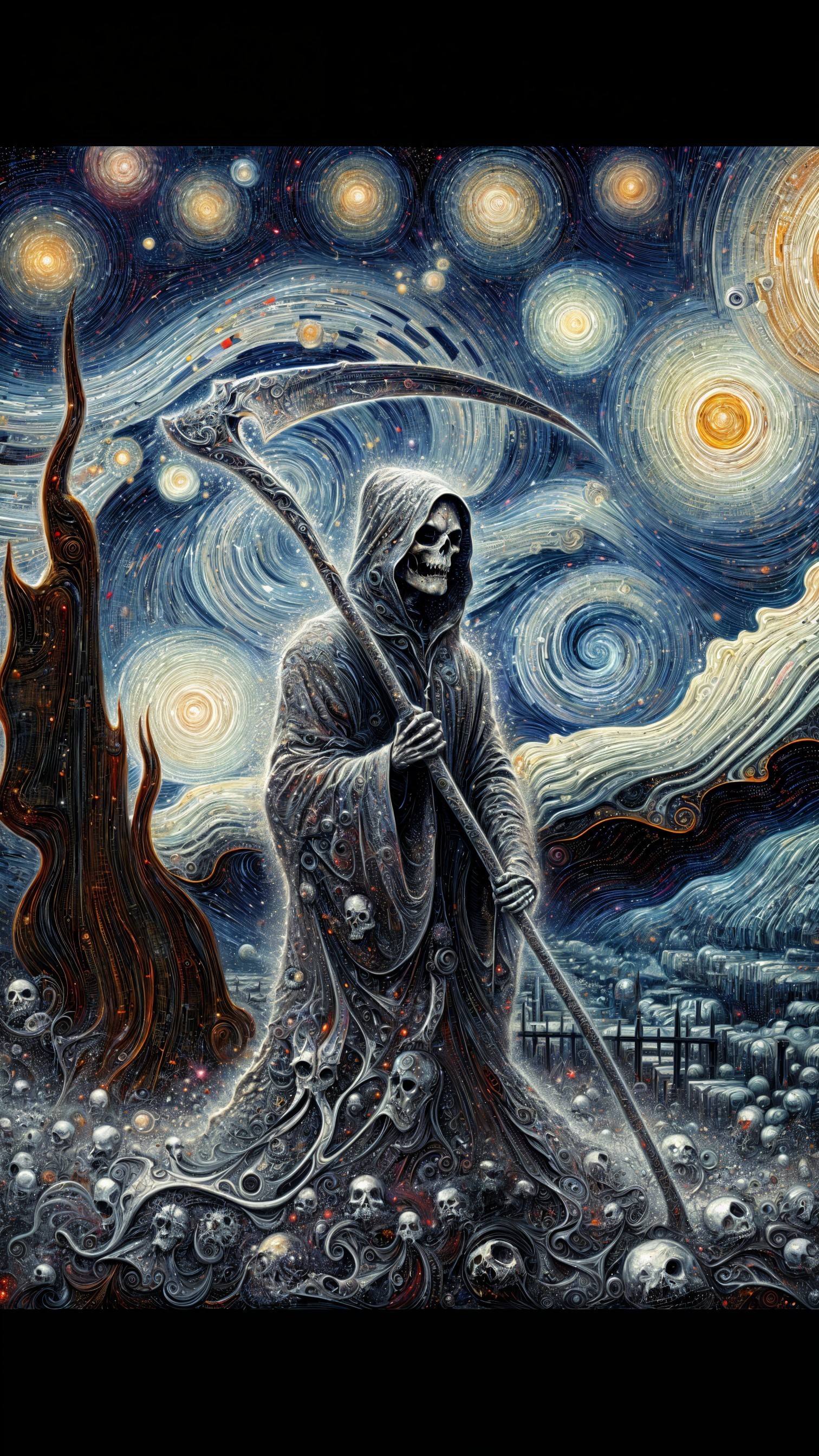 Grim Reaper Figure Against Colorful Starry Background