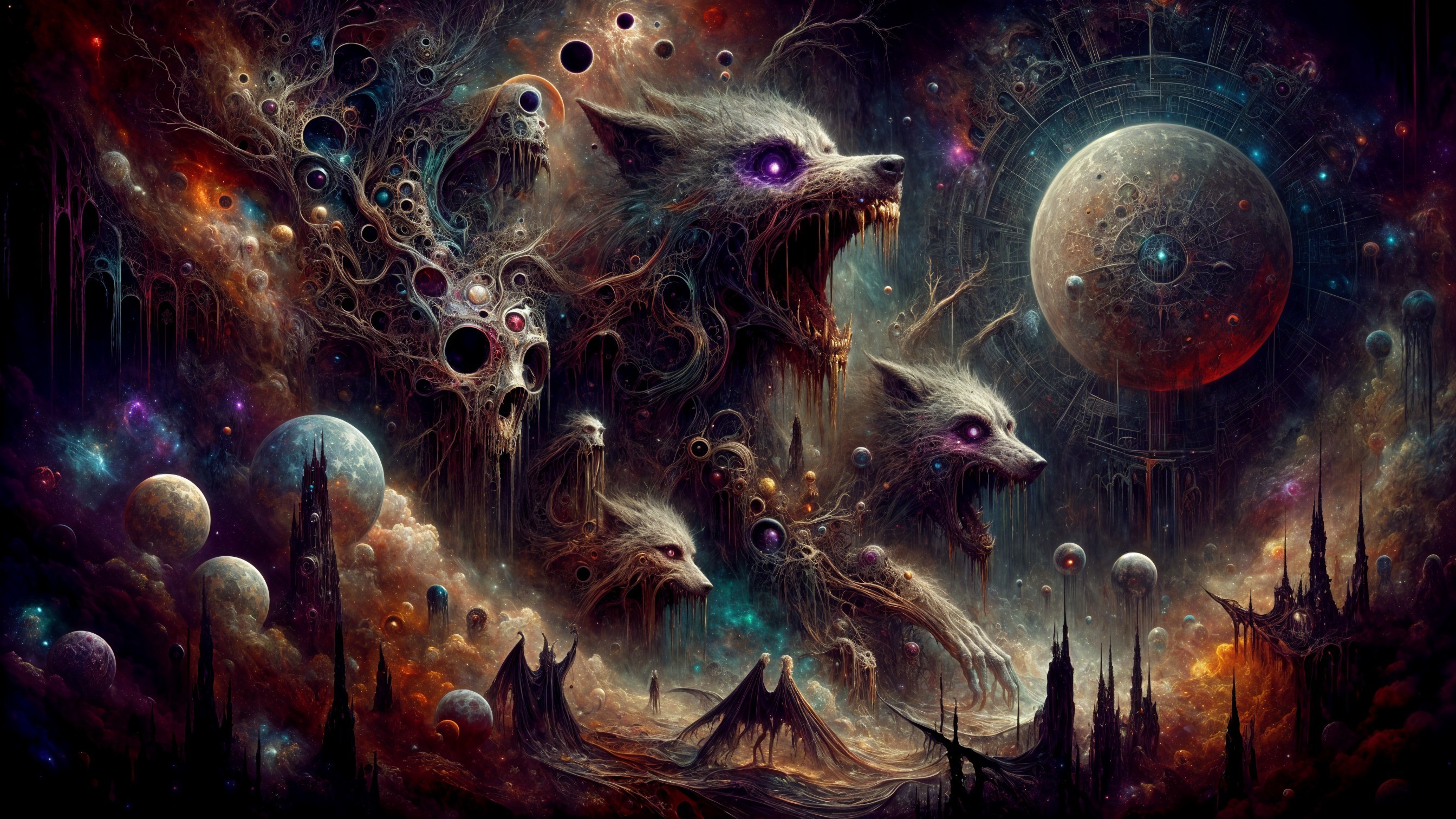 Surreal Cosmic Scene with Ethereal Wolf Figures