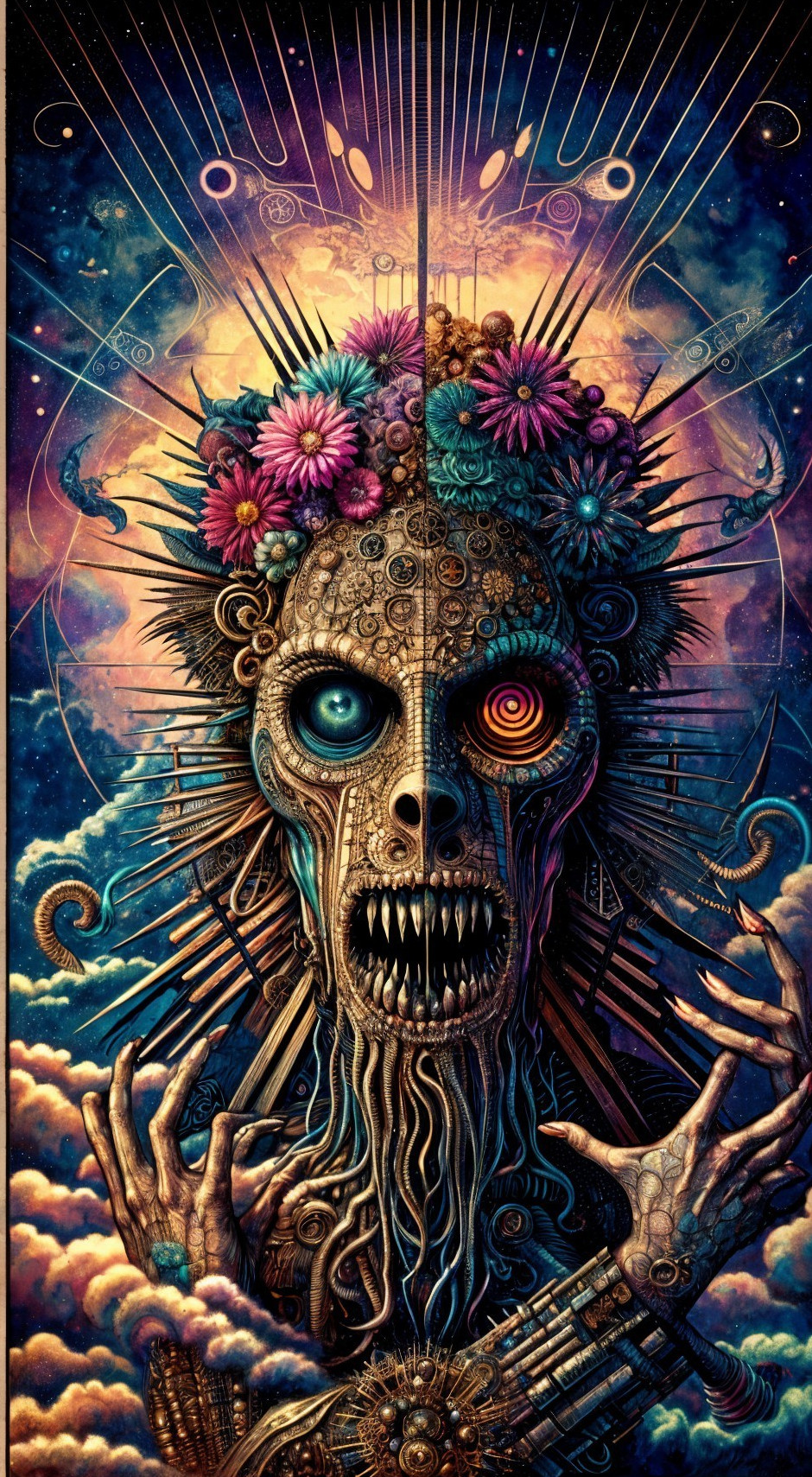 Intricate Skull with Flowers and Mechanical Elements