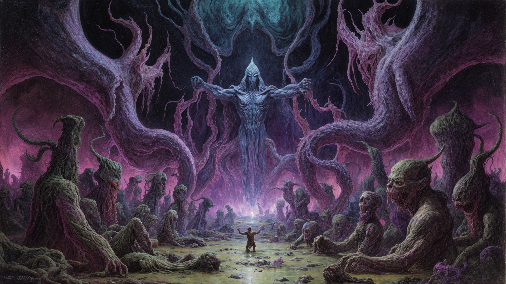 Surreal Landscape with Grotesque Figures and Ethereal Entity