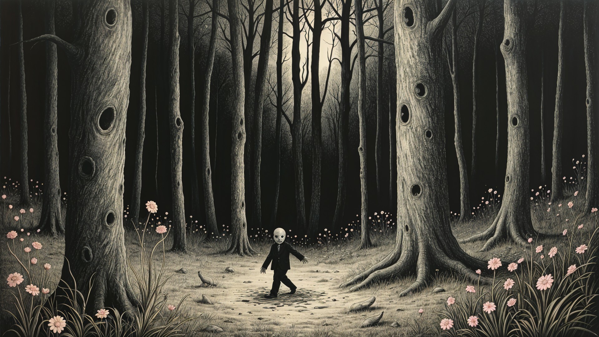 Eerie Forest Scene with Pale Masked Figure and Flowers