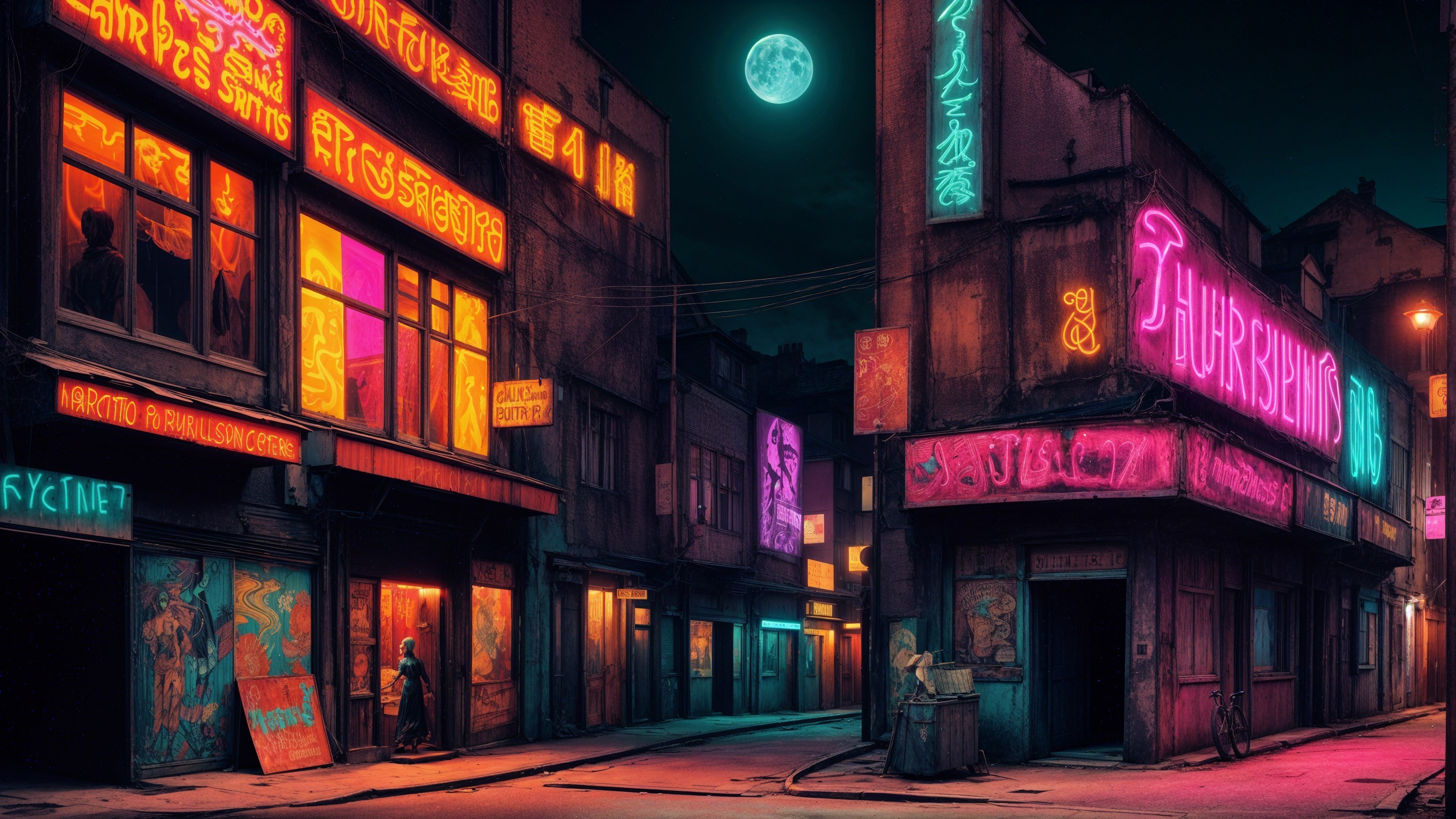 Vibrant Neon Alleyway at Night with Full Moon