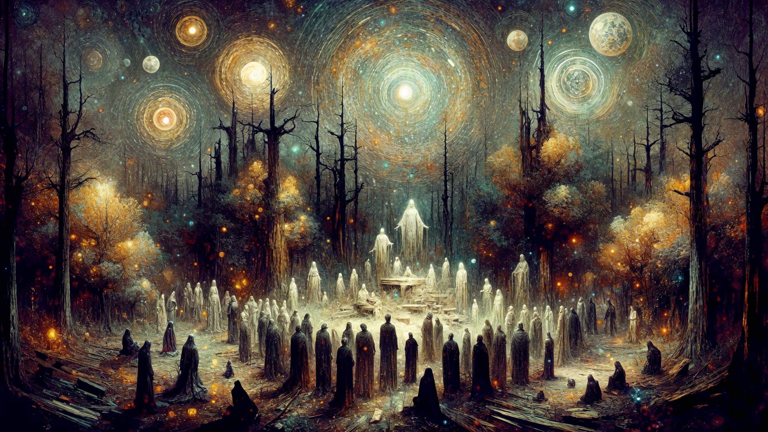 Ethereal Figures by Luminous Fountain in Mystical Forest