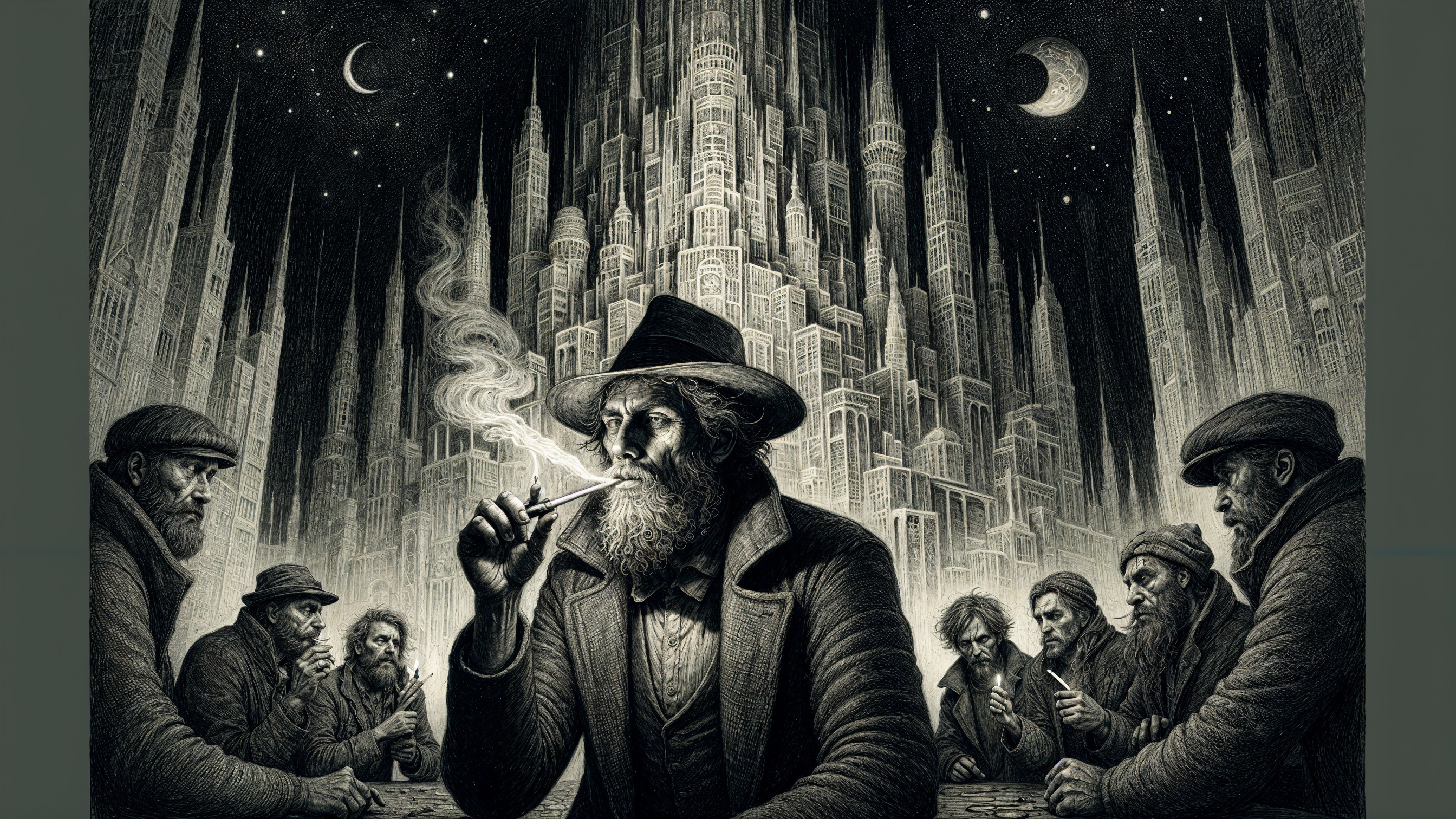 Rugged men gathered under a night sky backdrop