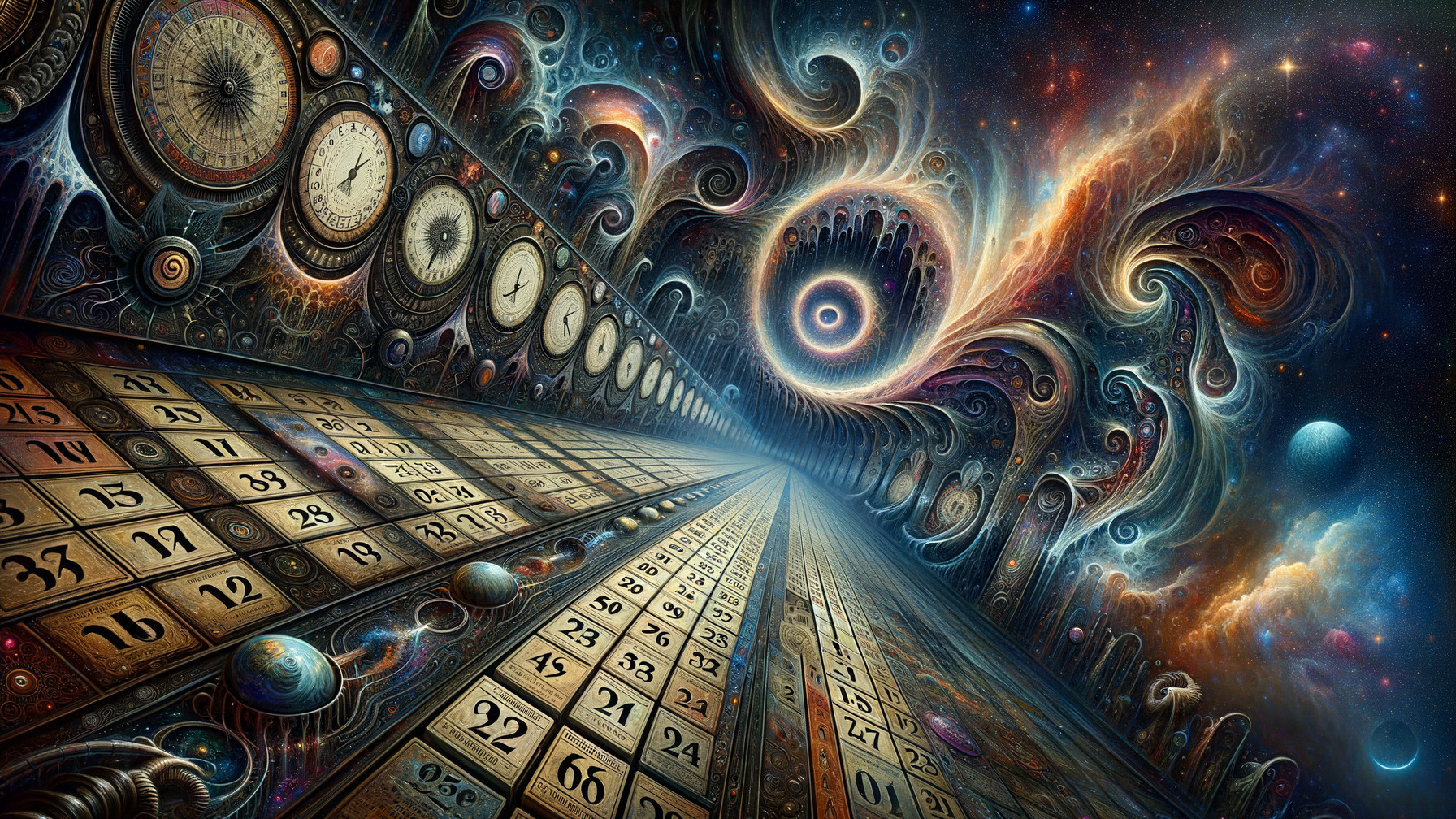 Surreal Cosmic Landscape with Clocks and Nebulae