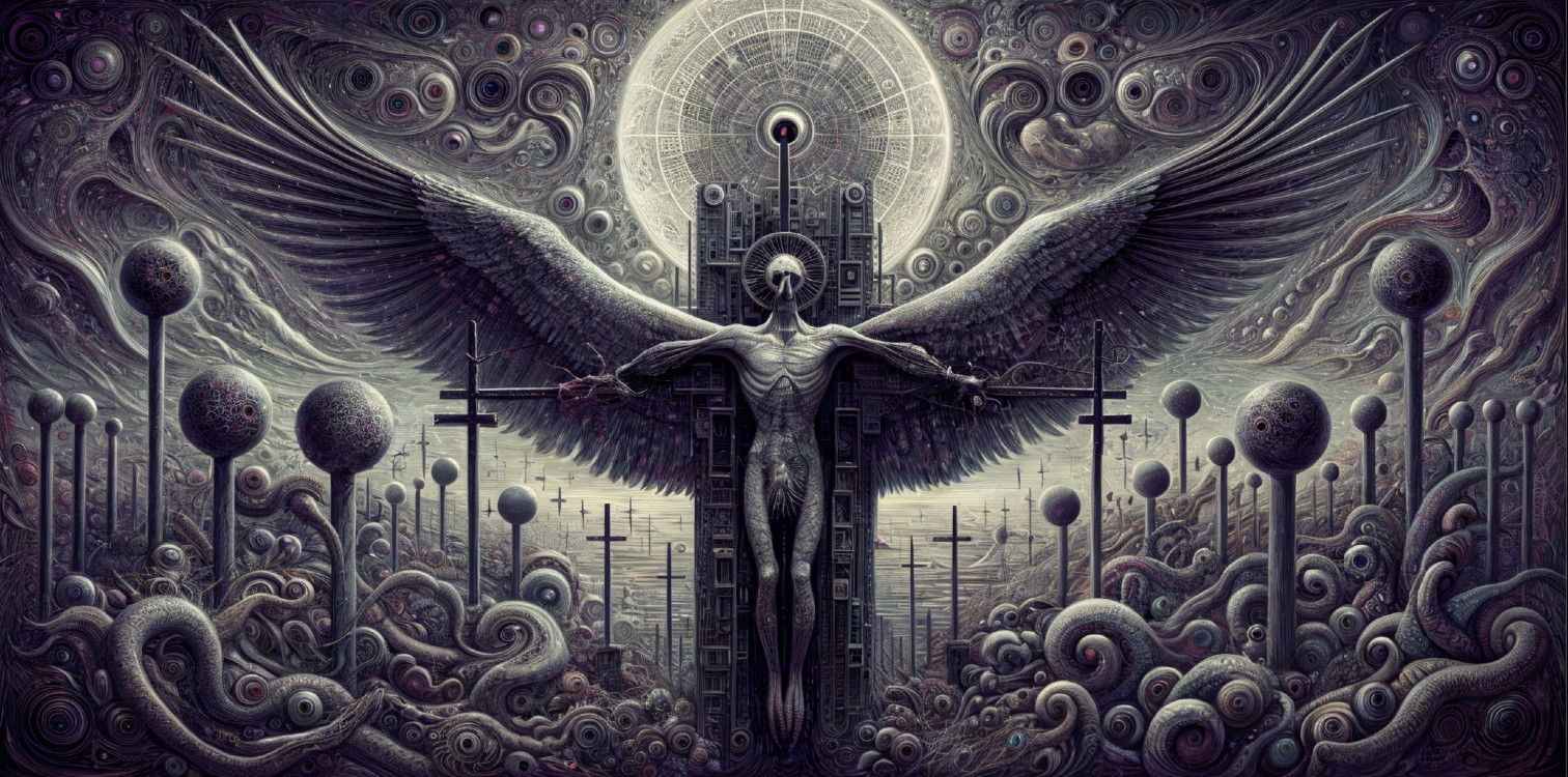 Surreal Cosmic Scene with Winged Figure and Structures