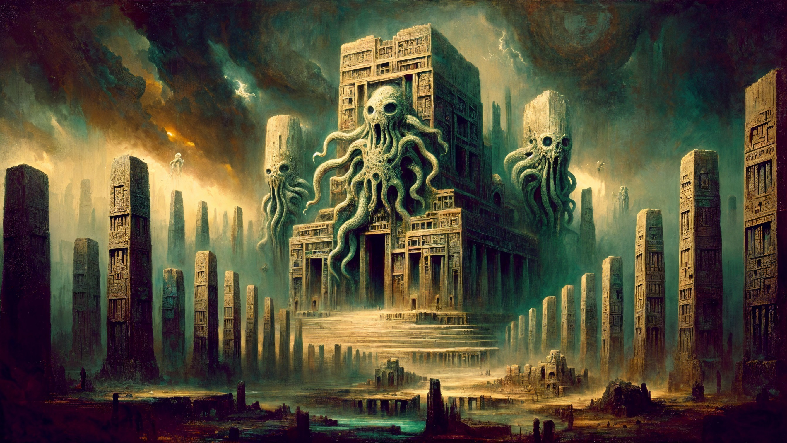 Monumental temple with tentacled figures in misty landscape