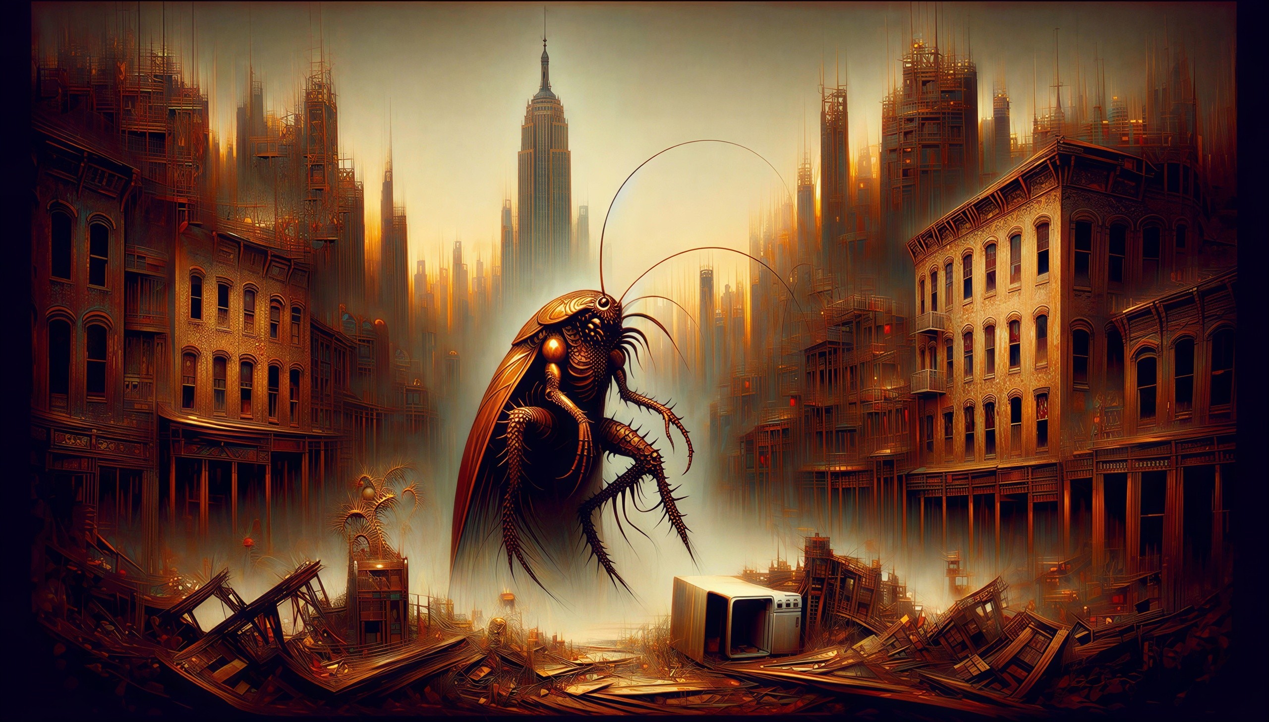 Colossal Cockroach in Damaged City Landscape