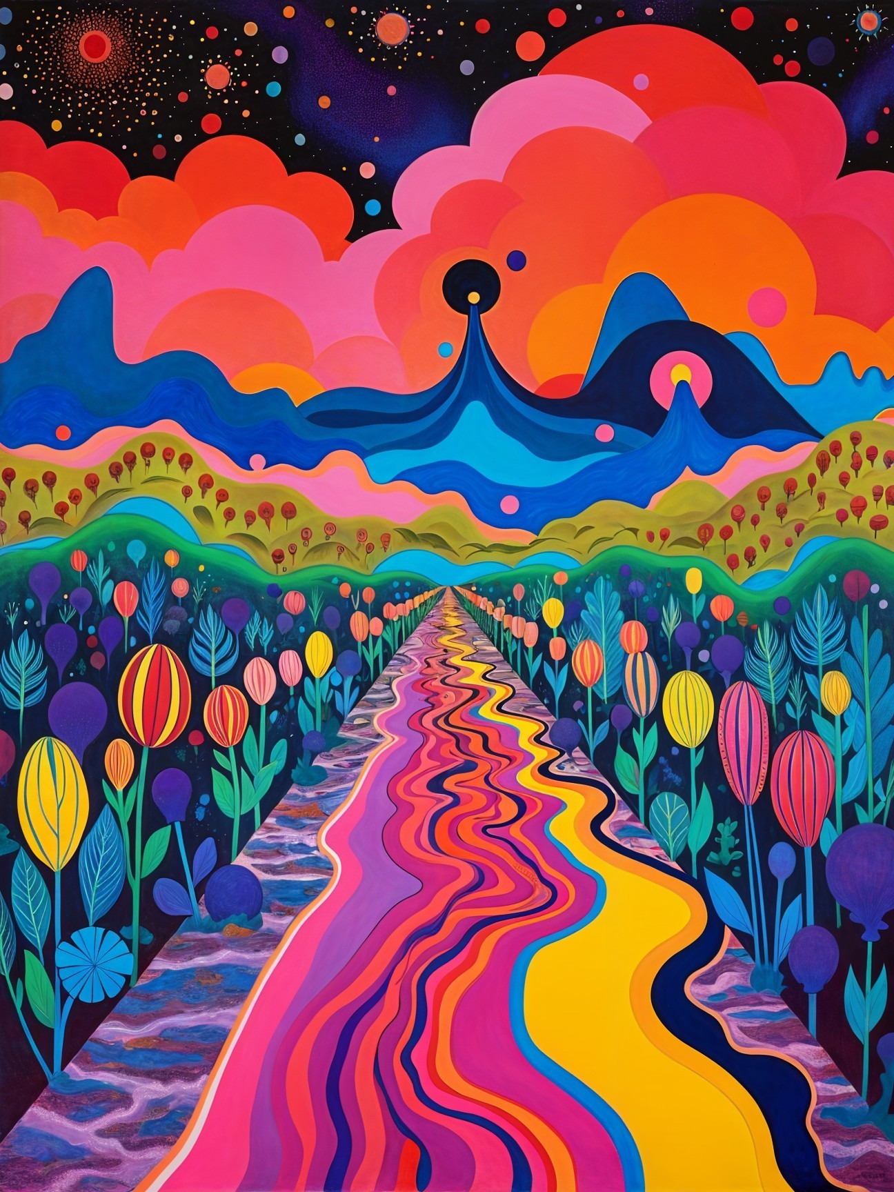 Surreal Landscape with Colorful River and Flowers
