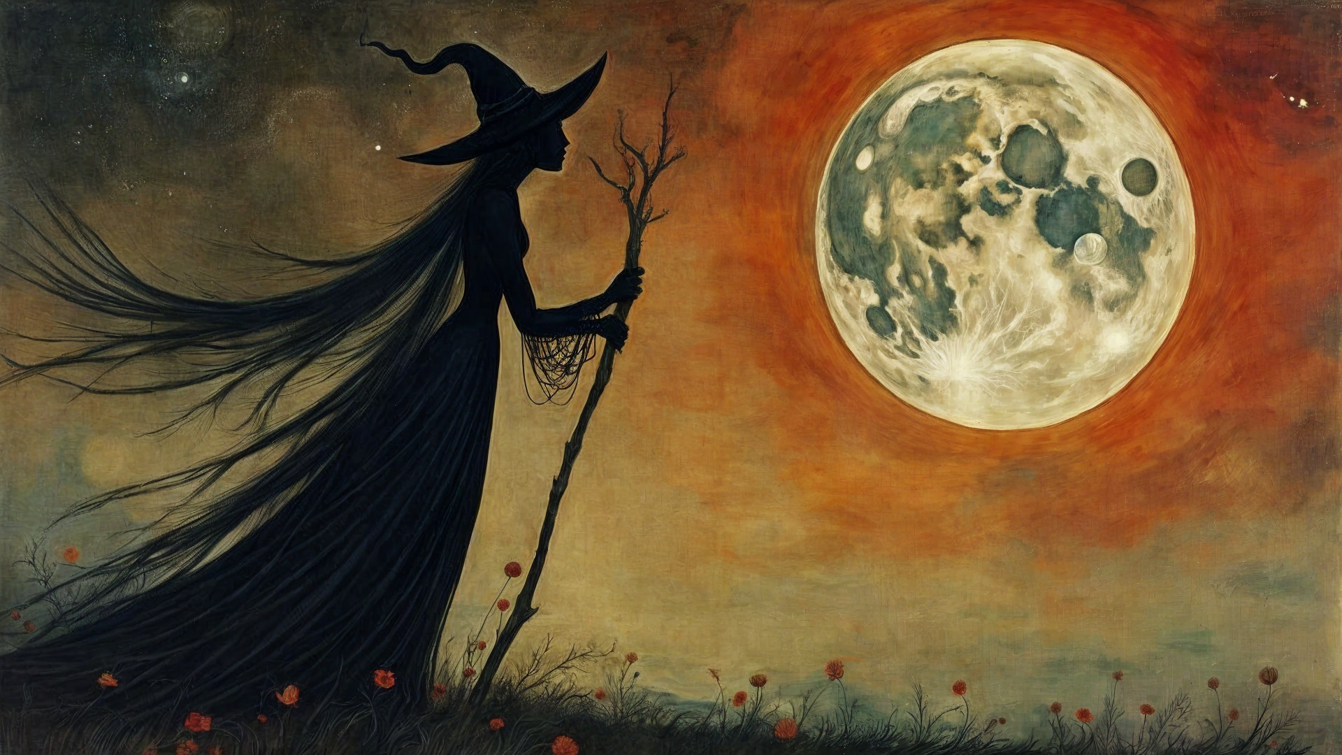 Witch Silhouette Against Luminous Moon in Mystical Landscape