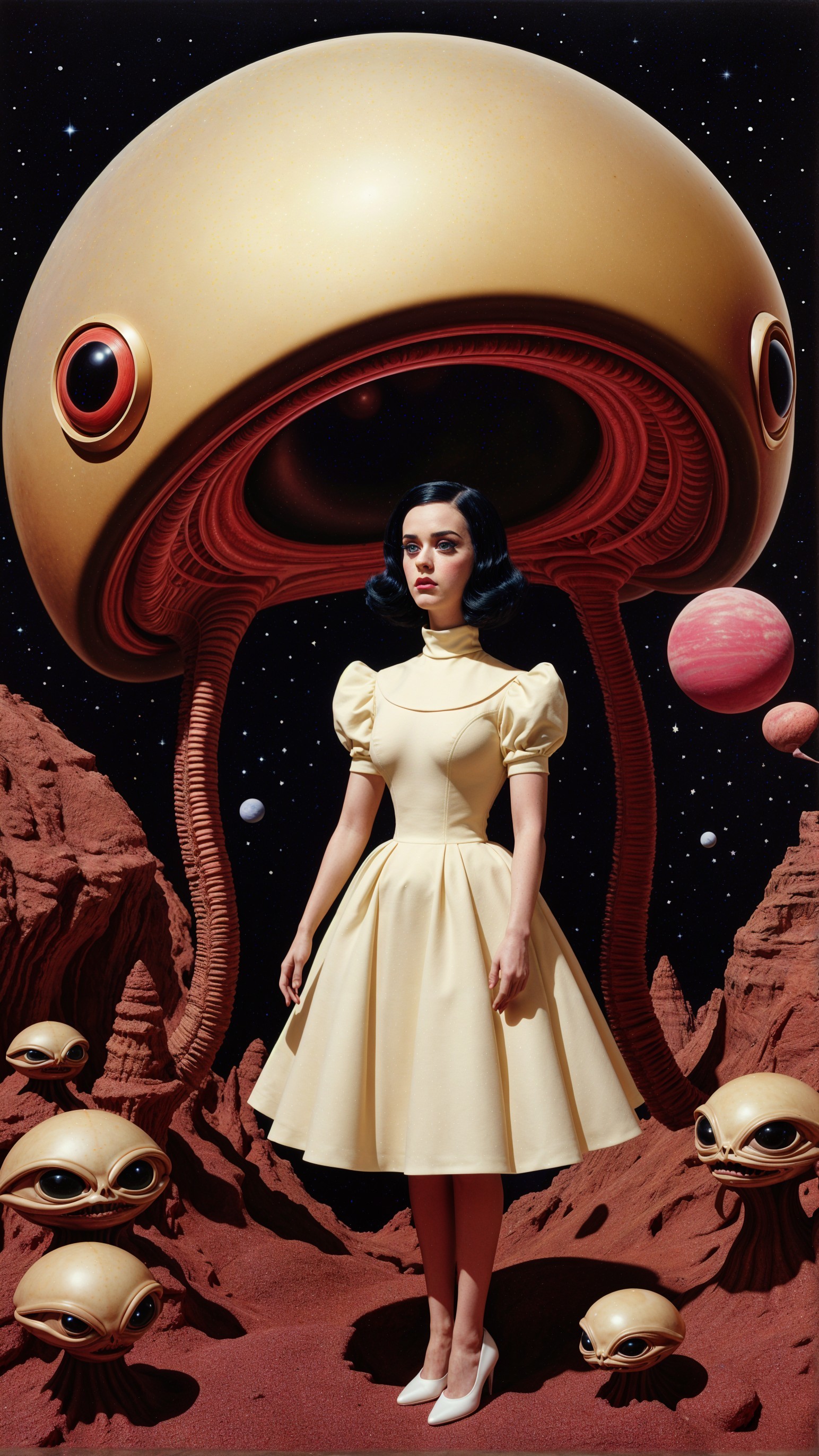 Whimsical Scene of Woman in Vintage Dress with Aliens