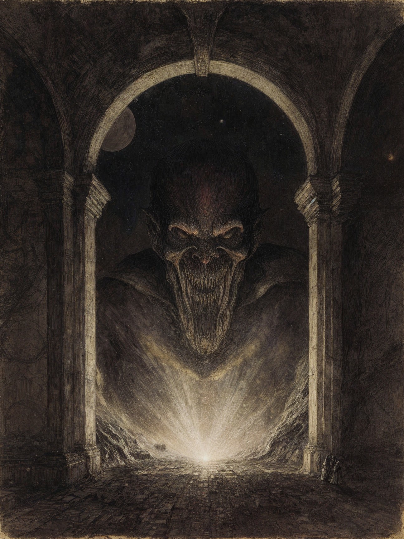 Dark Figure in Archway with Ominous Atmosphere