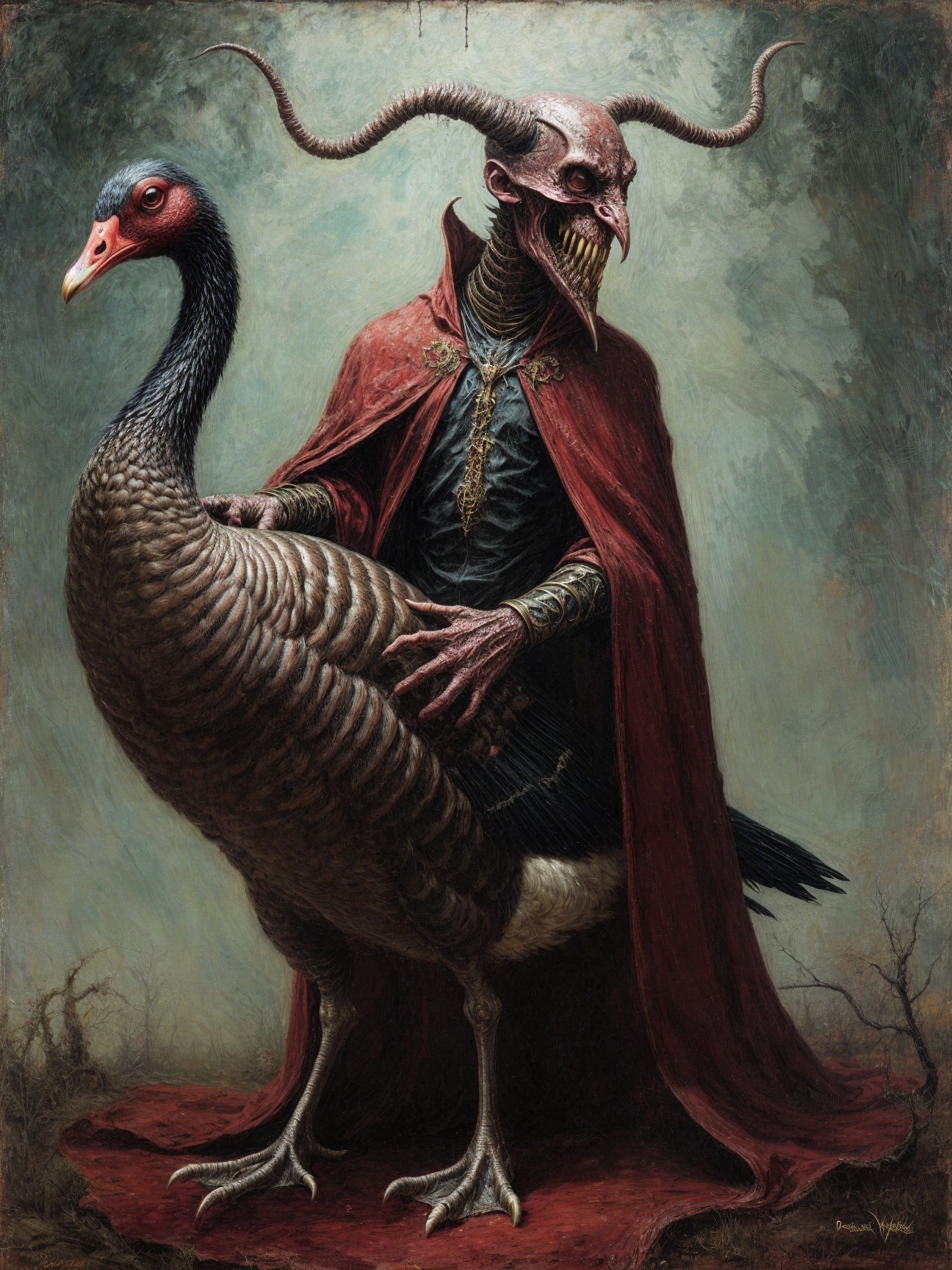 Surreal Artwork of Sinister Figure and Ominous Turkey