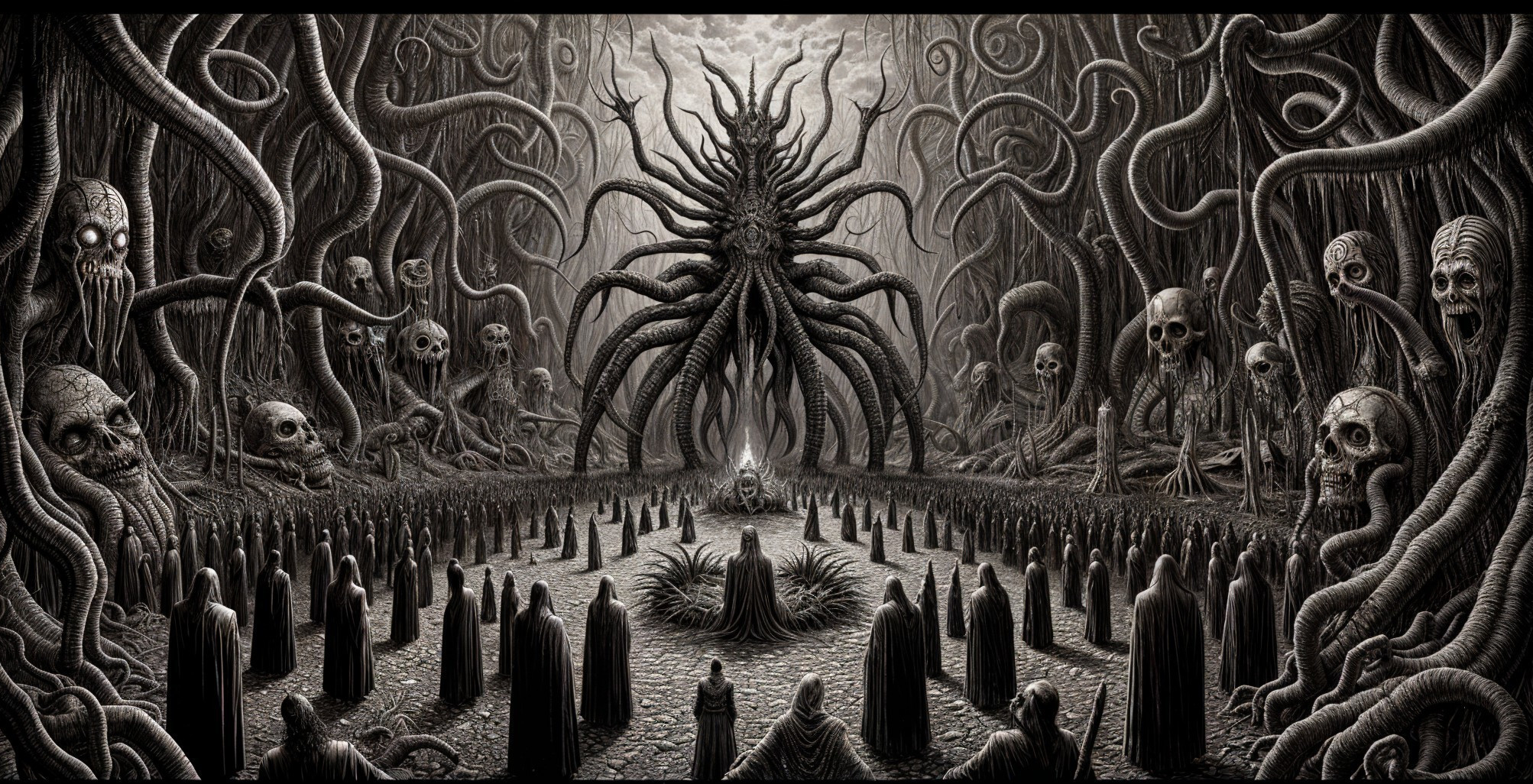 Eerie Scene of a Monstrous Entity in a Twisted Forest