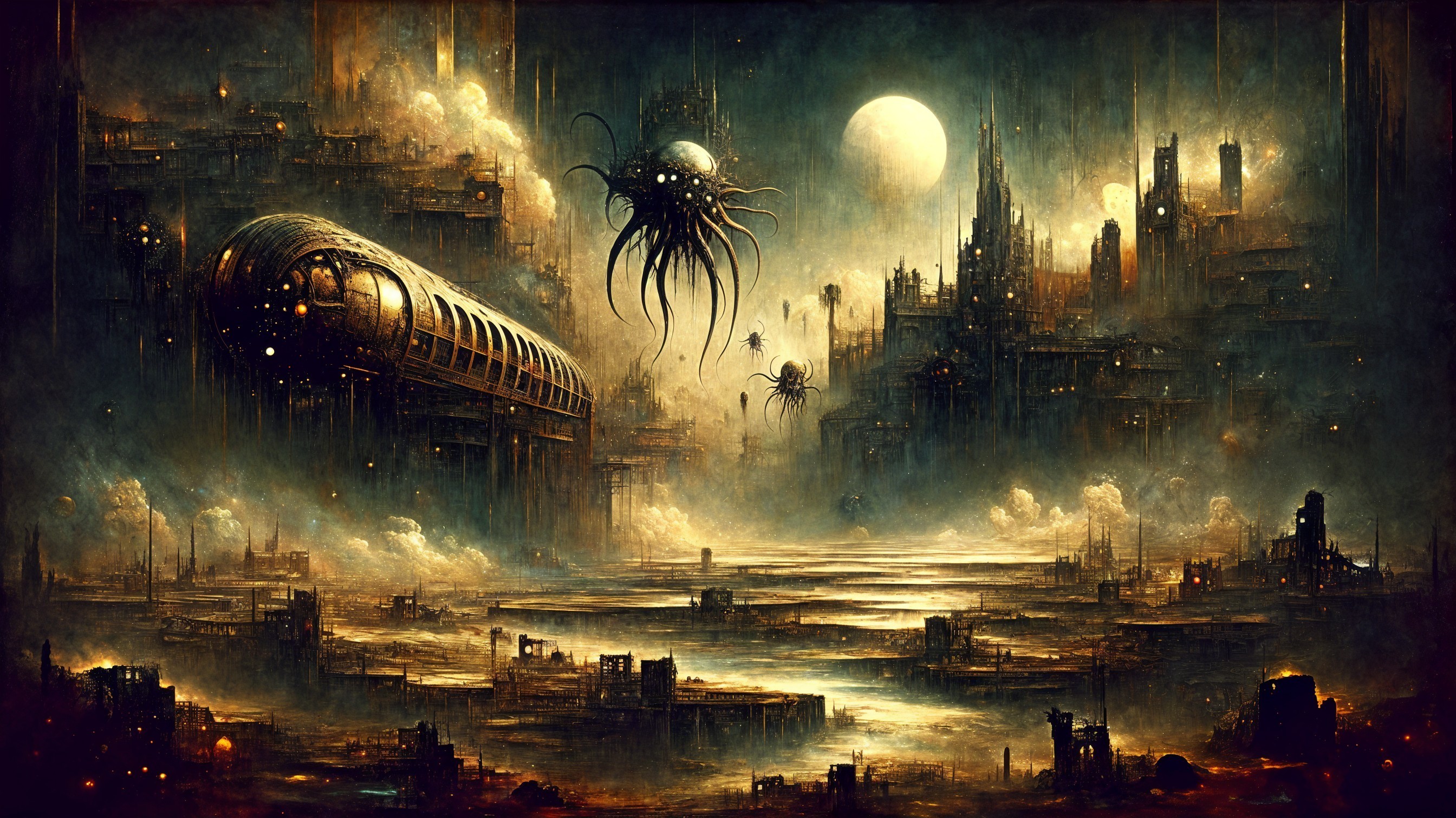 Dystopian Train in Foggy City with Ethereal Creatures