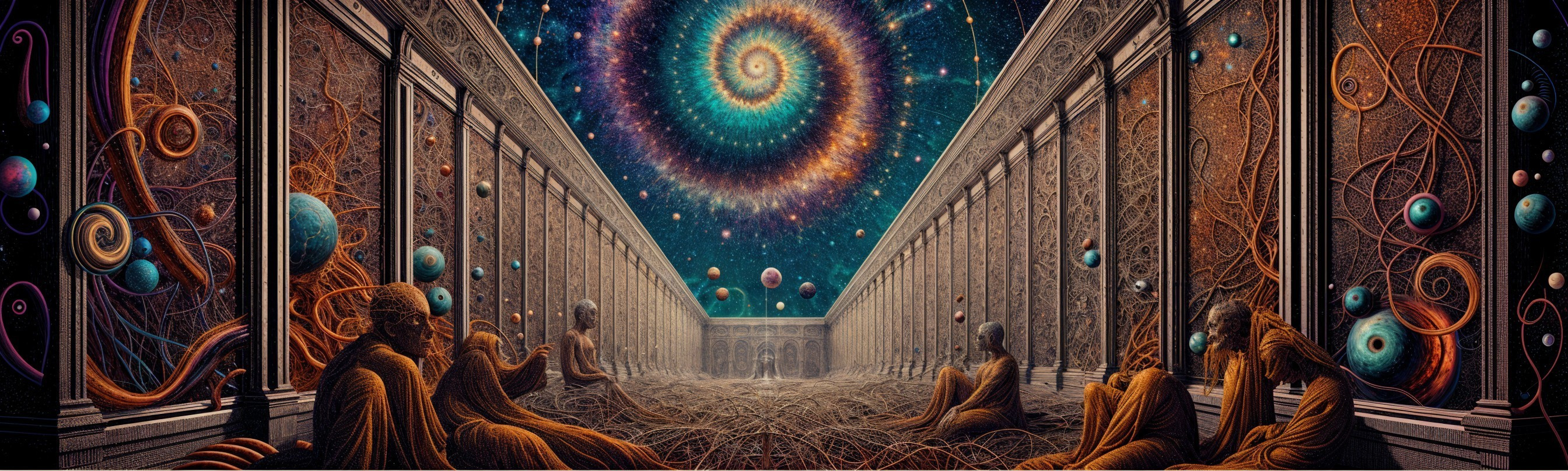 Surreal Corridor with Cosmic Figures and Galaxy Illumination