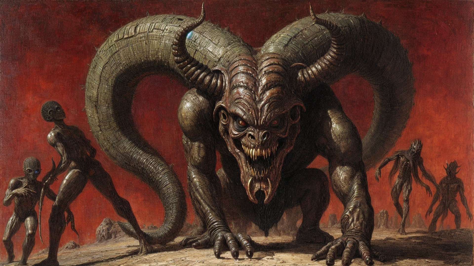 Grotesque Creature in Ominous Barren Landscape