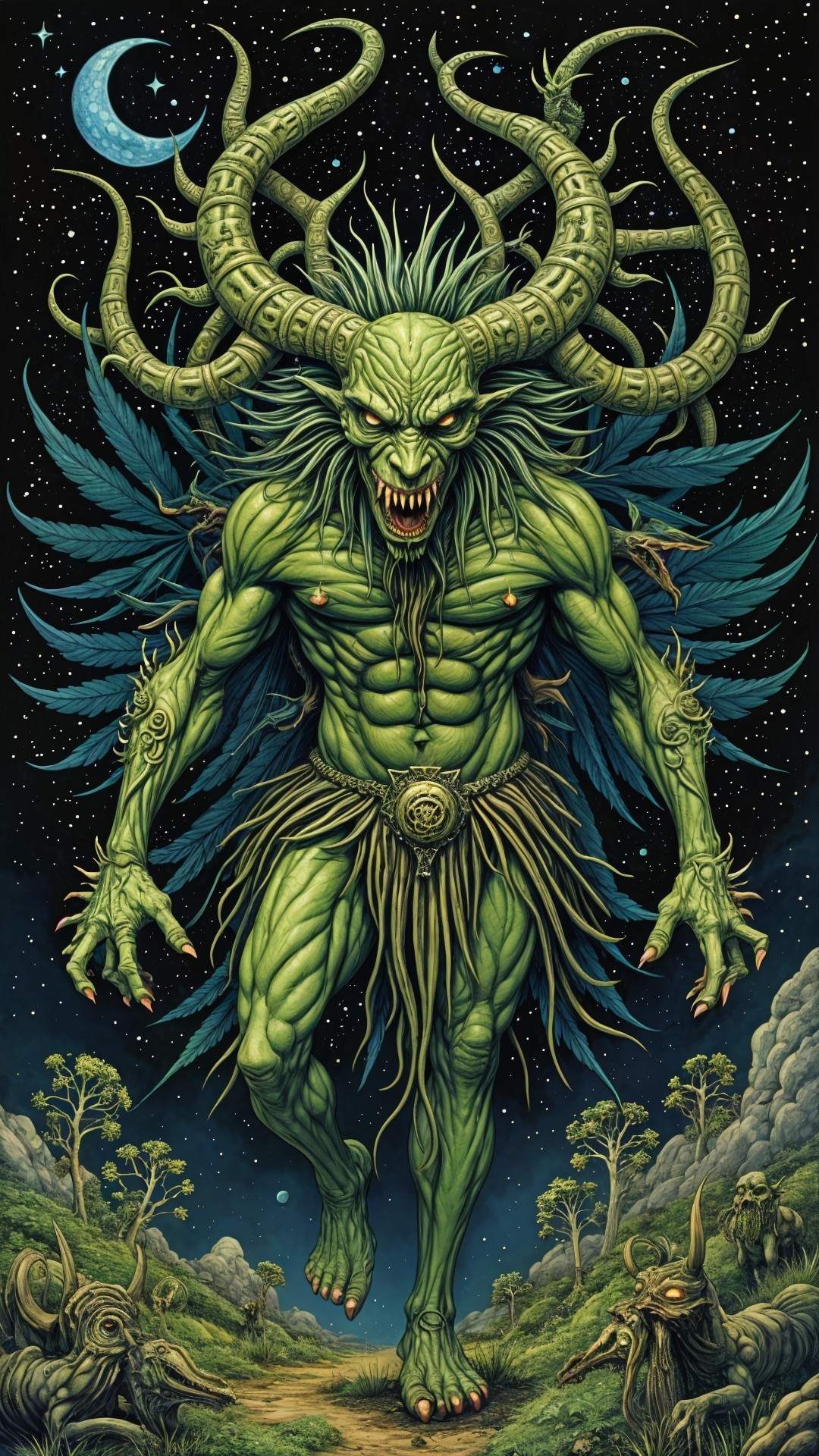 Muscular Green Creature with Dark Wings in Mystical Setting