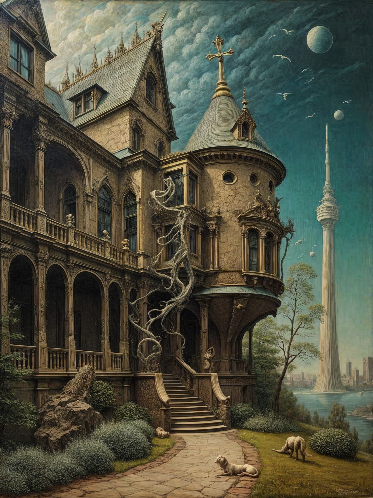 Gothic Mansion with Turrets and Modern Tower Background
