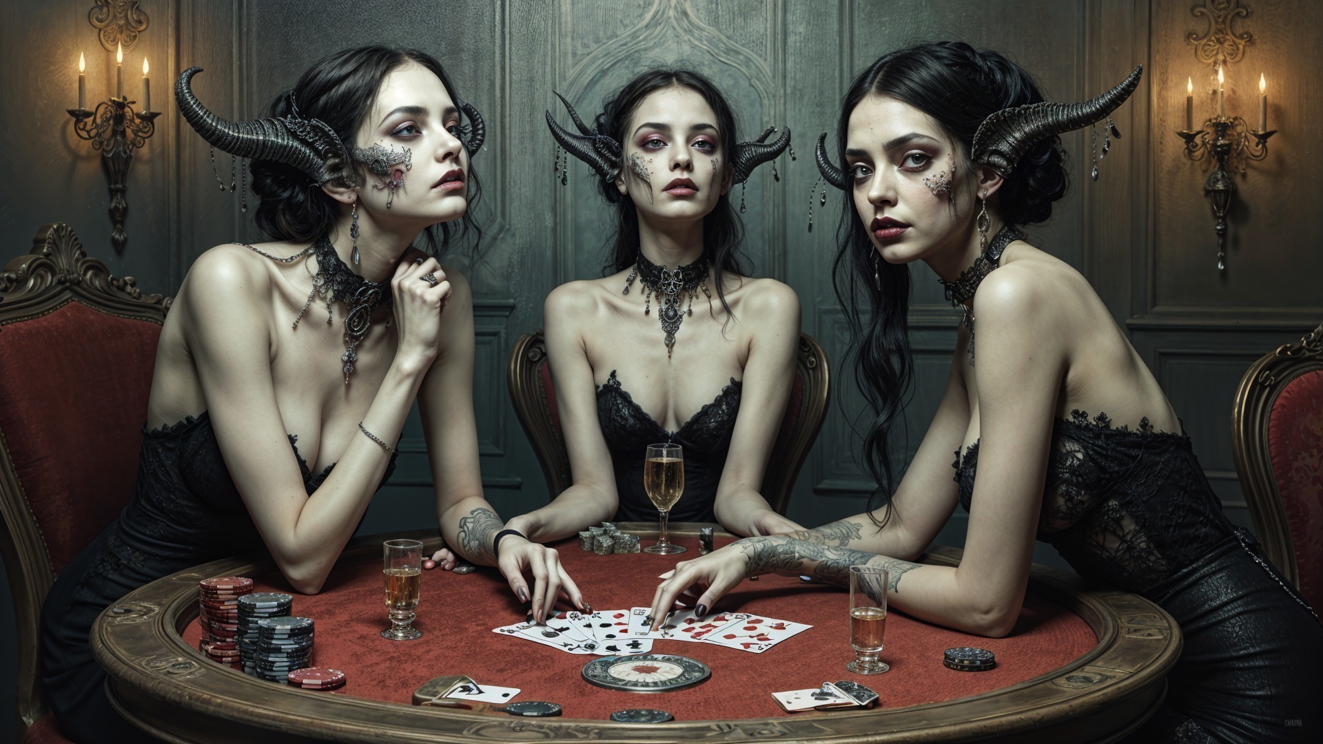 Gothic Aesthetic Women Playing Cards at Round Table