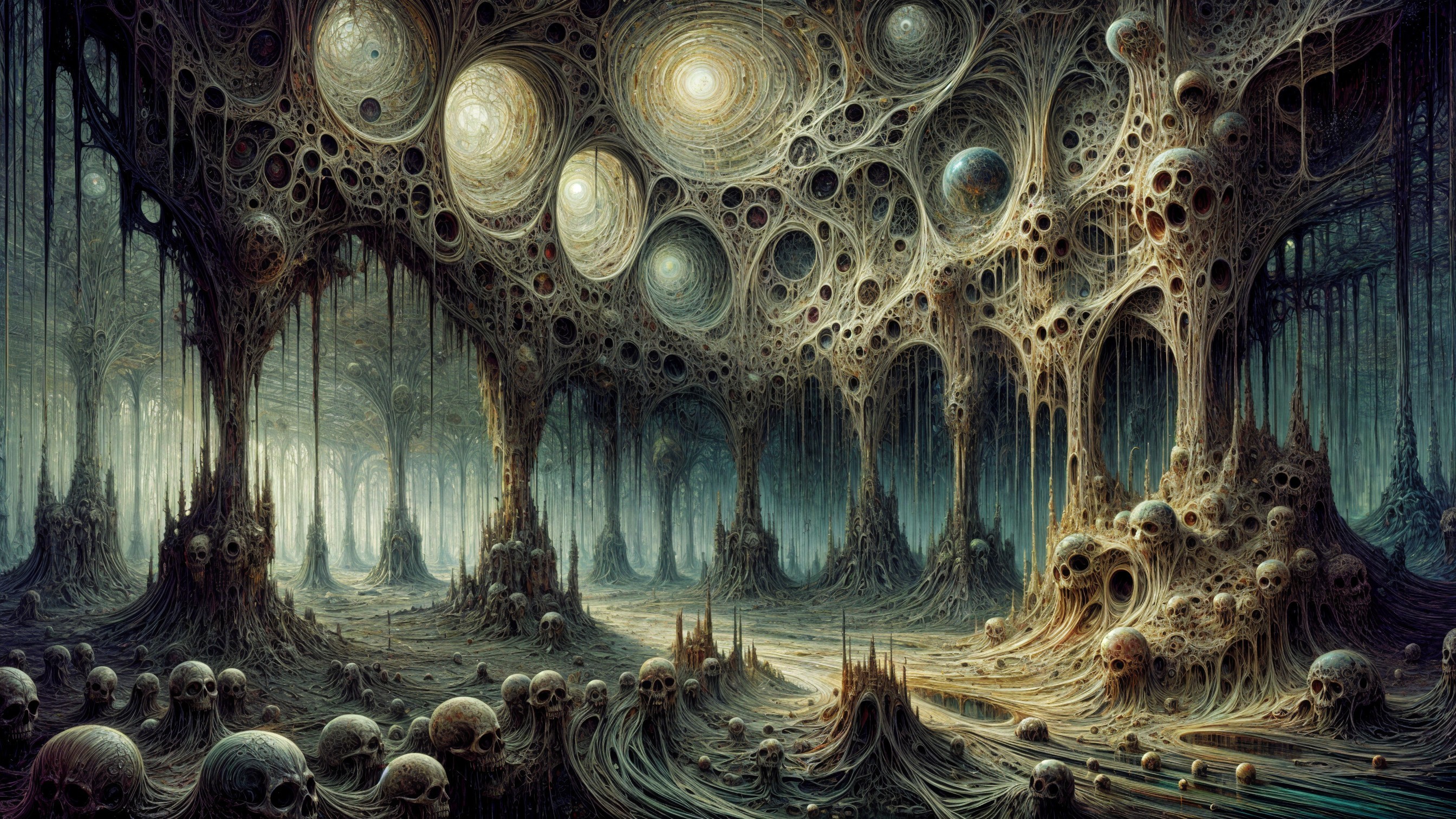 Surreal Landscape with Organic Formations and Skulls