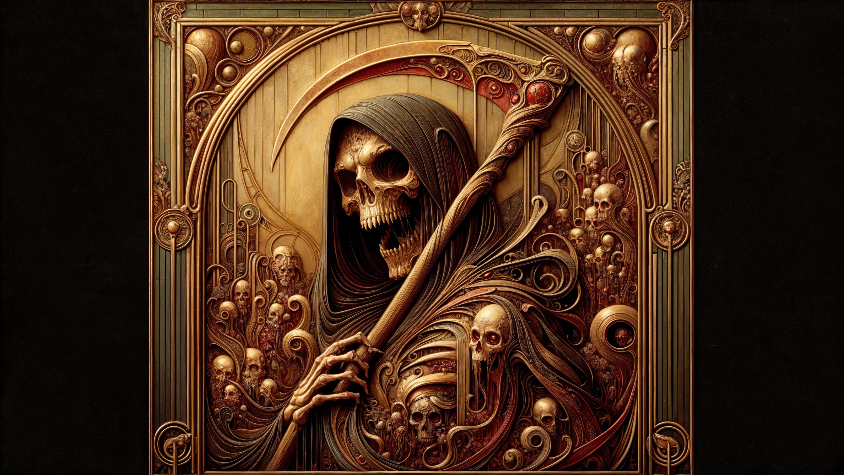 Skeletal Figure in Dark Robes with Skulls and Patterns