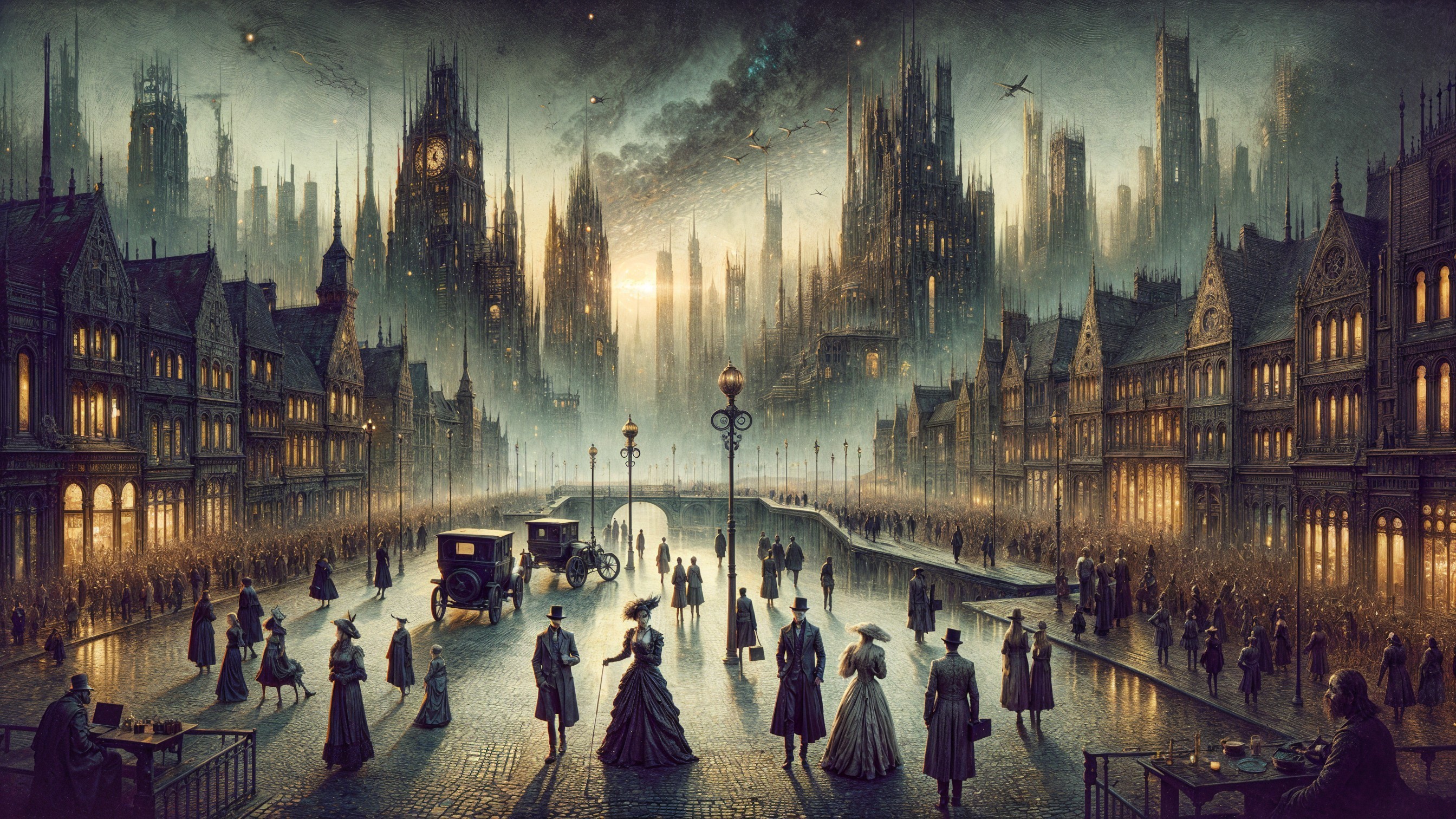 Foggy Victorian Era Cityscape with Gothic Architecture