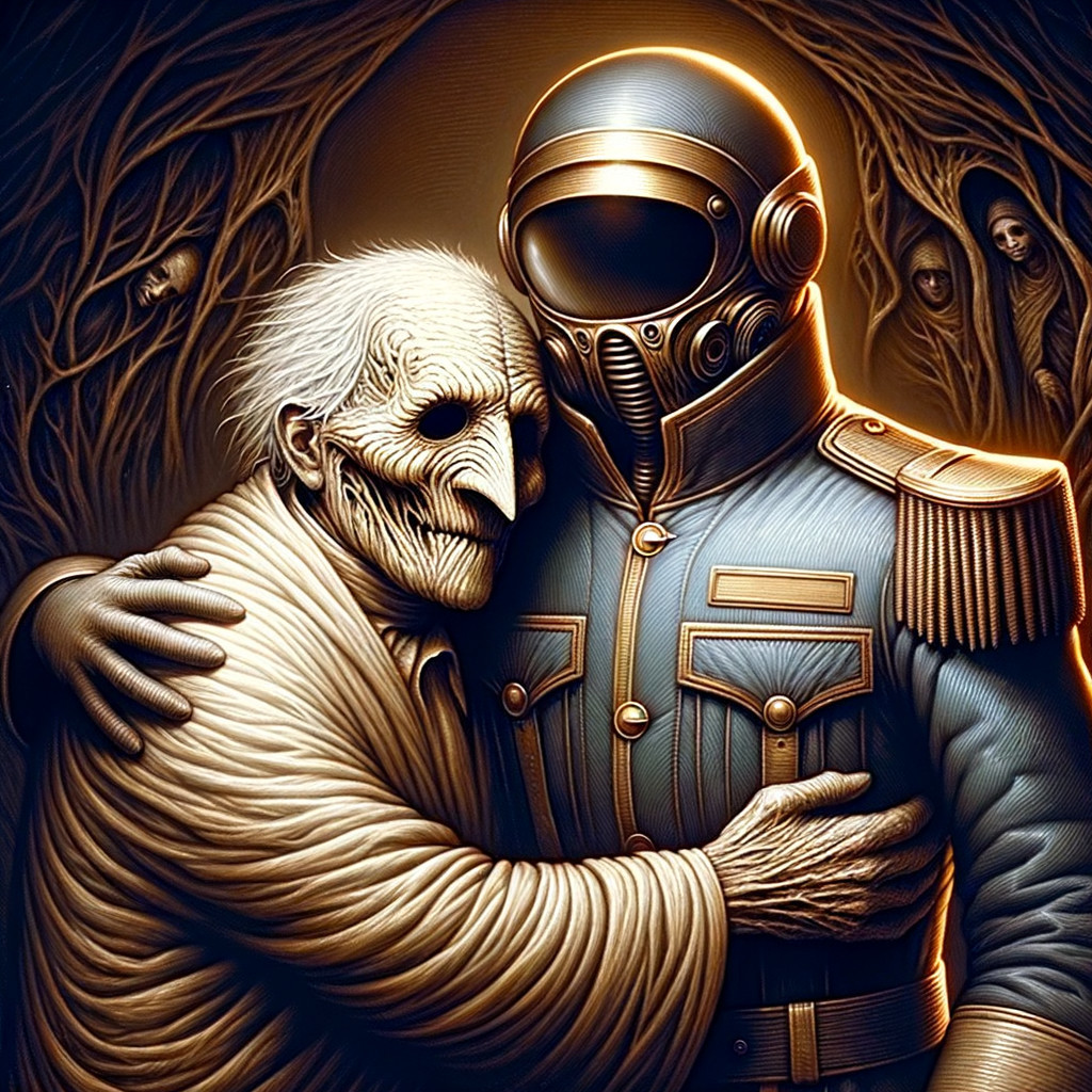 Surreal scene of elderly figure and futuristic soldier