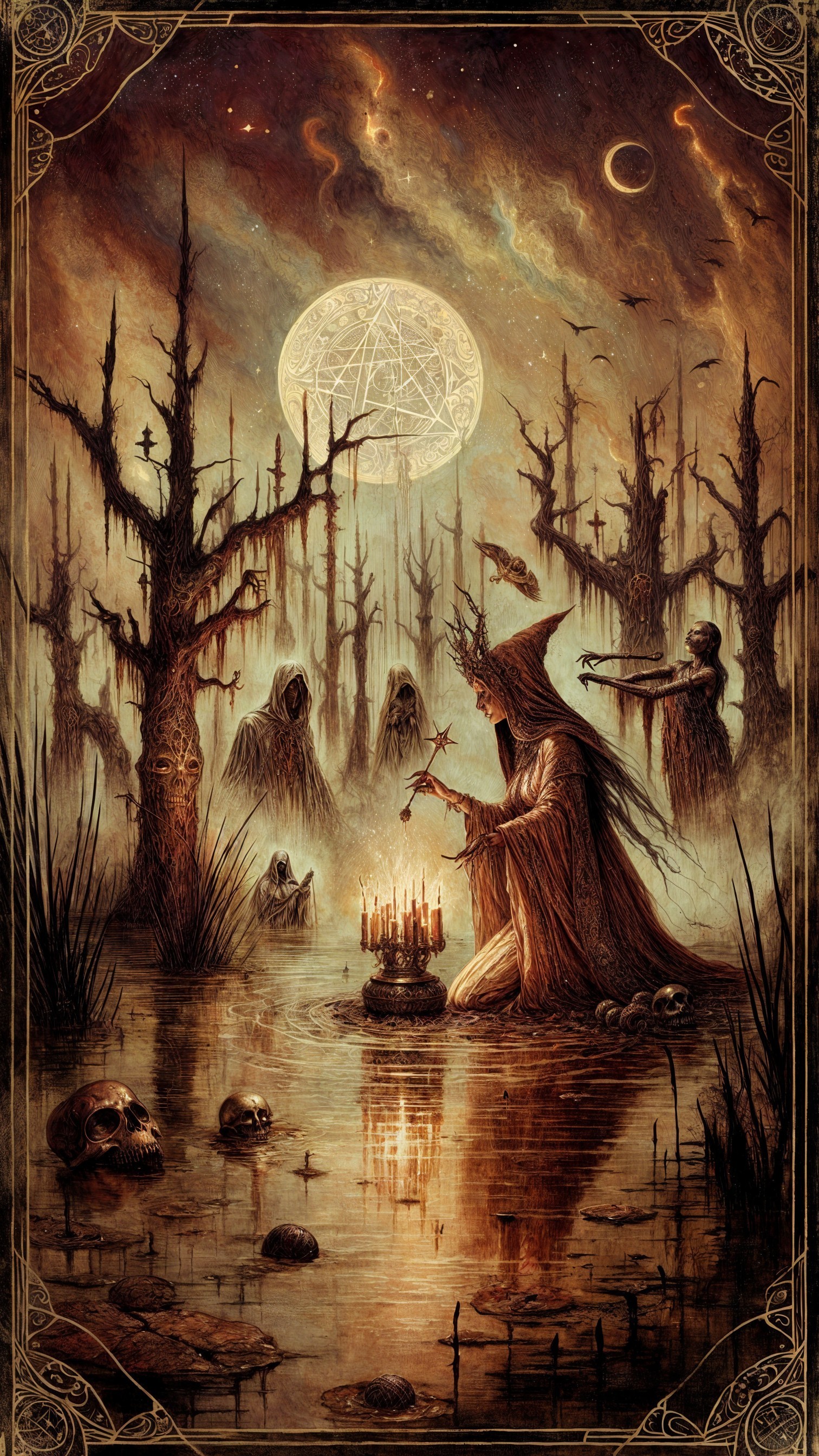 Cloaked Figure at Misty Swamp with Eerie Atmosphere