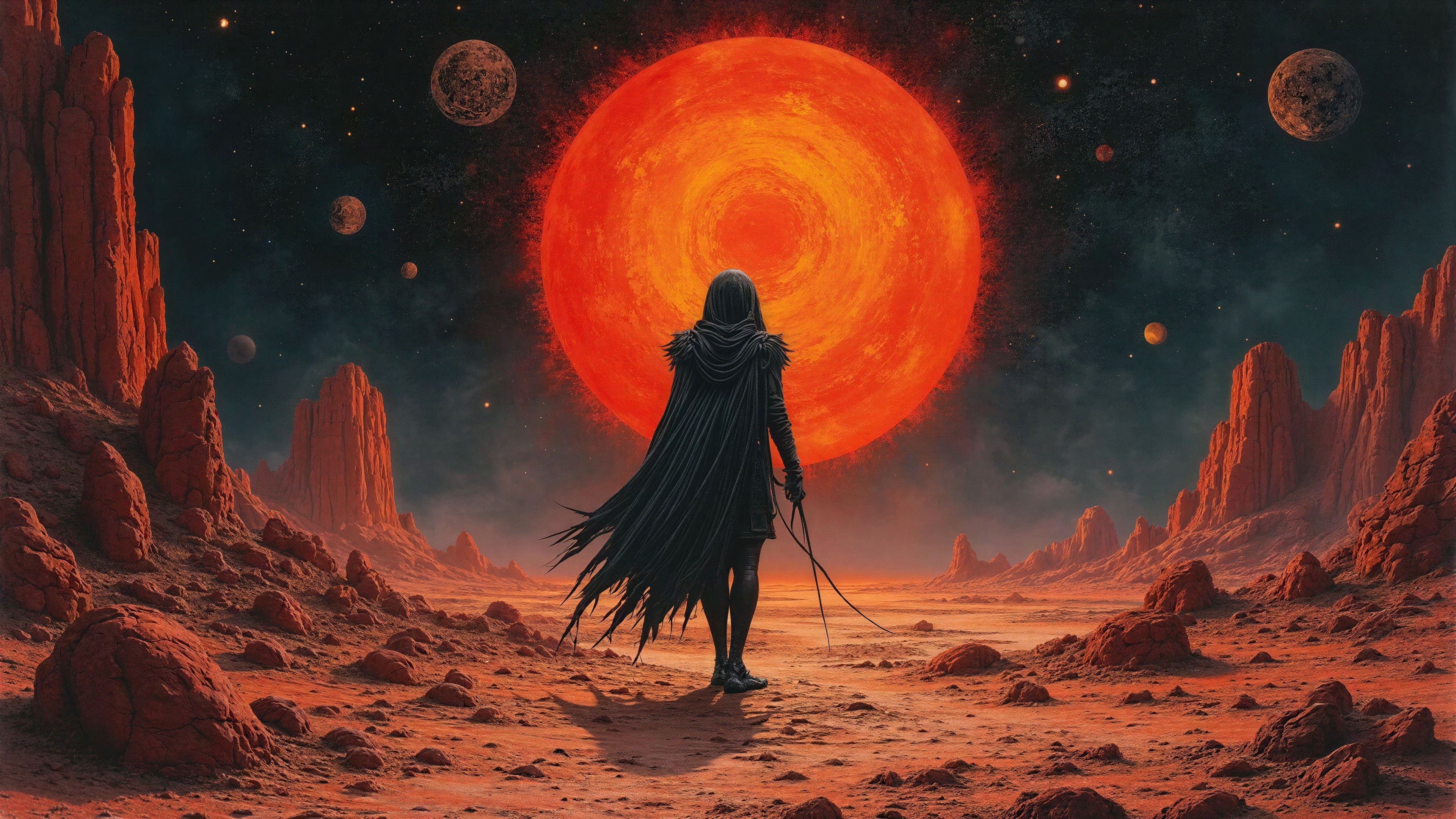 Individual in Black Coat in Extraterrestrial Desert Scene