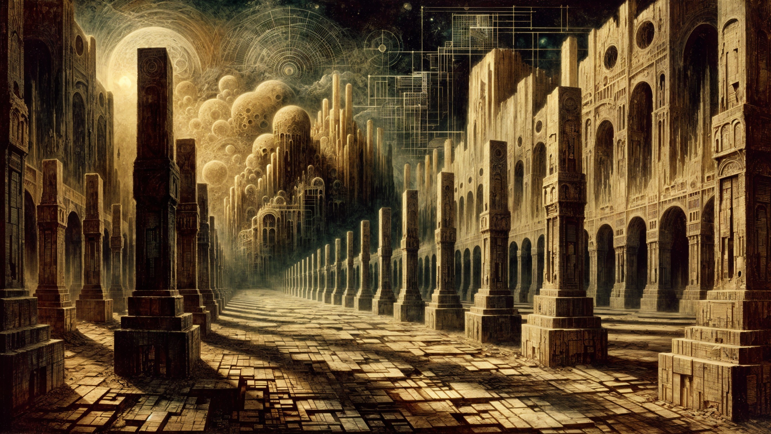 Surreal Architectural Landscape with Stone Pillars and Orbs